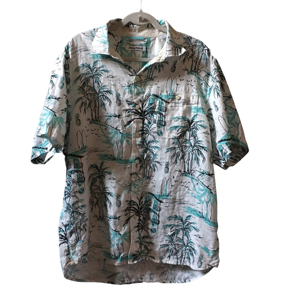 Tommy Bahama Linen Shirt Men L White Blue Tropical Palm Tree Resort-wear Cruise